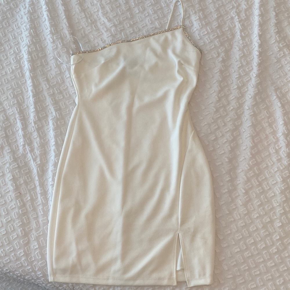 Rhinestone trim one shoulder mini dress